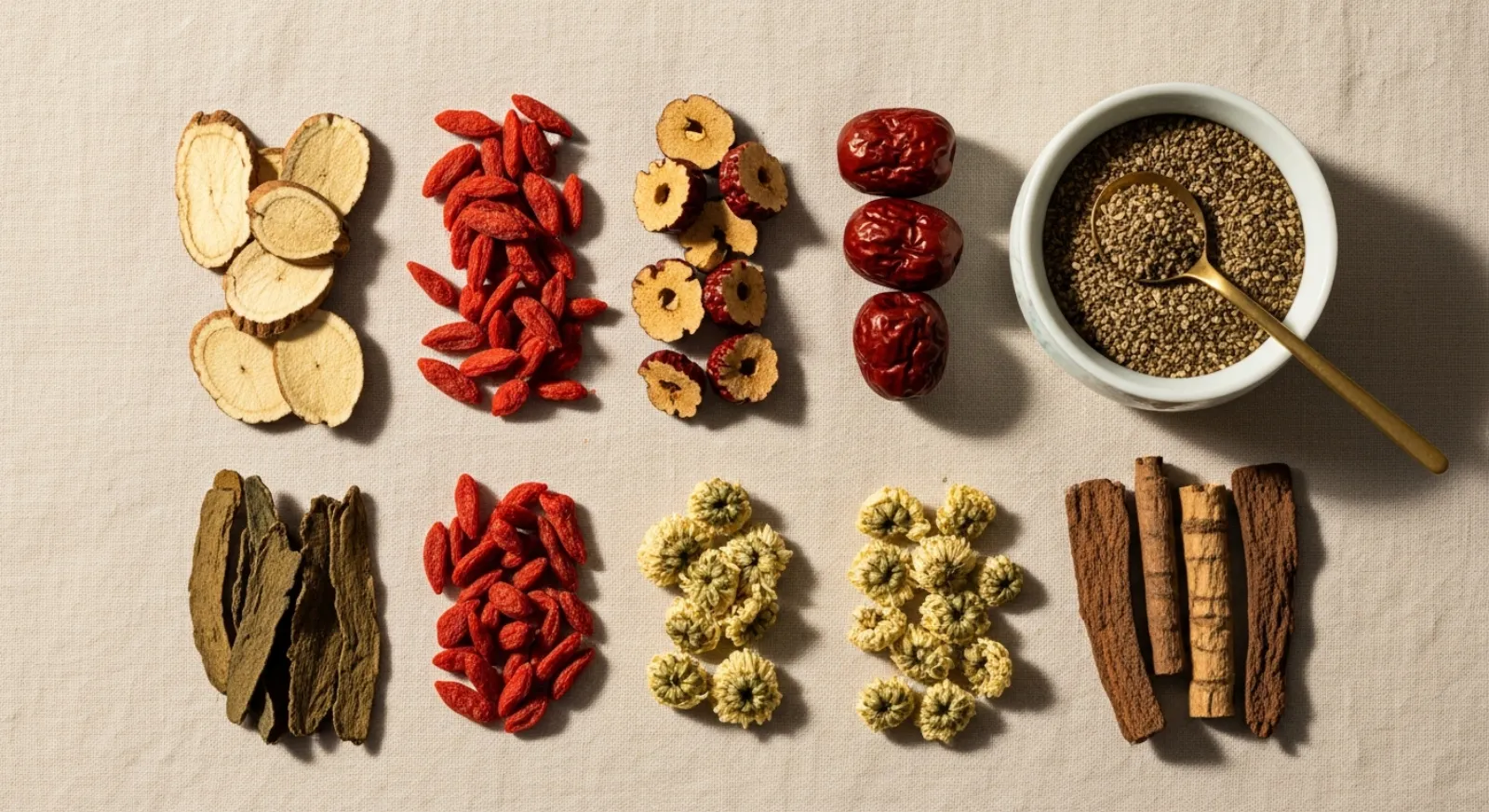 Traditional Chinese medicinal herbs on linen — rehmannia, goji berries, jujube, chrysanthemum and bark